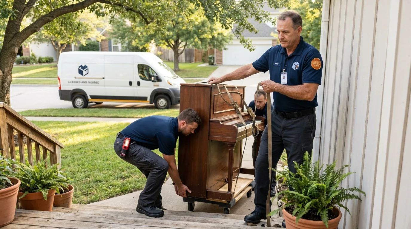 Licensed piano movers securing grand piano in Gerber, CA