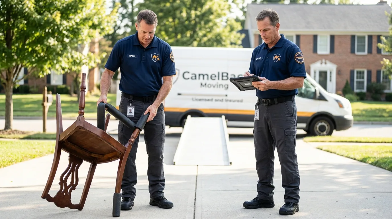 Movers inspecting furniture for damage prevention before loading in Gerber, CA
